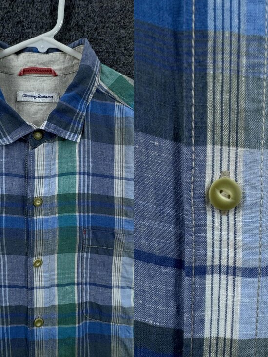 Tommy Bahama Other - Tommy Bahama All Linen Plaid Logo Large Blue Green Button Up Long Sleeve Beach